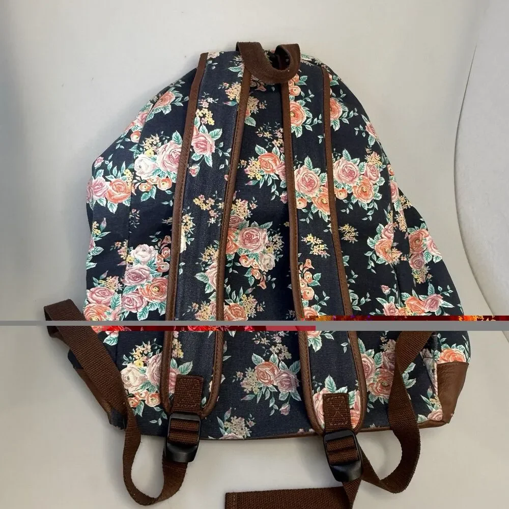 MUDD Backpack Canvas Navy Blue Floral Tassel Pulls Faux Leather EUC
